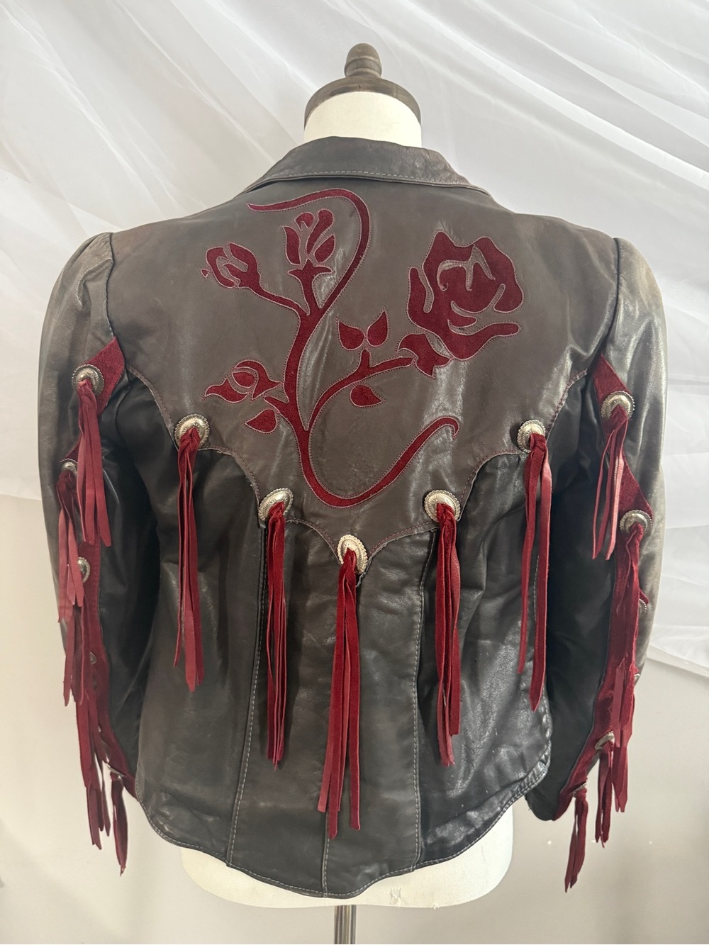 Black Unisex Leather Fringe Jacket with Red Suede Floral Appliqué